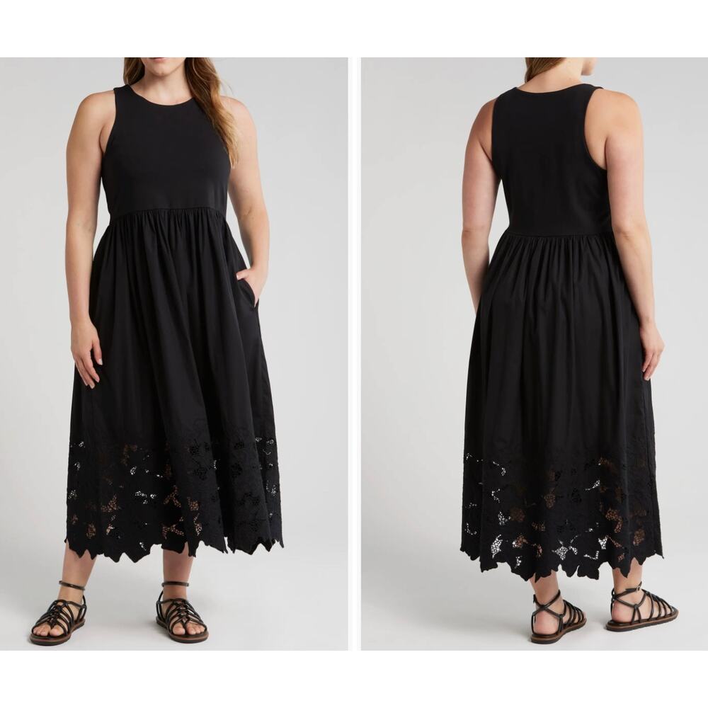 NWT Nordstrom Embroidered Sleeveless Mixed Media Dress Black Size Large - Picture 2 of 9